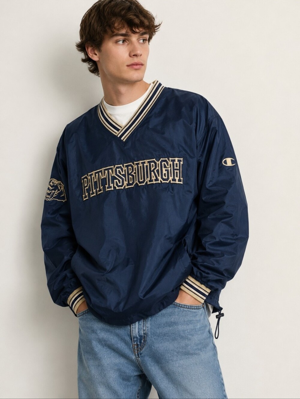 Champion Navy & Cream Pittsburgh Pullover Windbreaker 1990s Y2K Pullover XL
